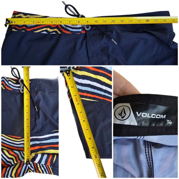 Volcom Mod-Tech Board Shorts Size 36 Navy Blue Stripe Stretch Cinch Fly Swim - Picture 2 of 7